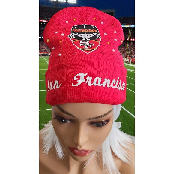 San Francisco 49ers Red Beanie design with Logo, Rhinestones and pearls - Picture 4 of 5